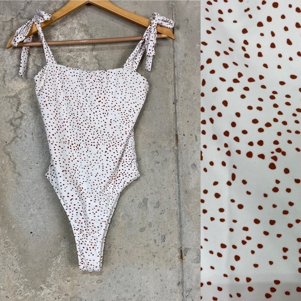 Charlie holiday white one piece swimsuit rust red polka dots tie shoulders xs